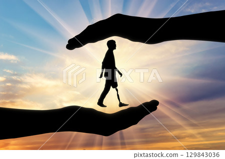 Concept of aid and care for disabled with a prosthetic leg 129843036