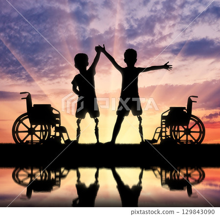 Two happy boy with a disability 129843090