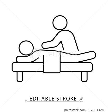 Massage therapy line icon with editable stroke. Vector outline symbol of relaxation with person receiving back massage on table. Minimalist spa, wellness, bodycare, healing and health concept. 129843289