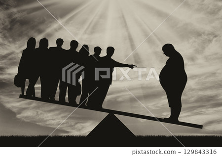 Fat man and crowd shows finger on scales day Fat man and crowd shows finger on scales day 129843316