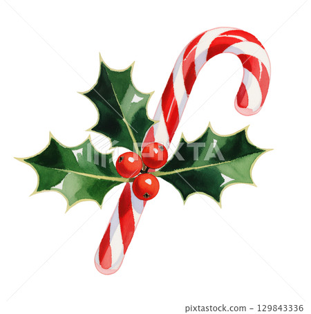 Christmas candy cane with holly leaves and red berries, festive illustration isolated on transparent background. Classic holiday sweet design. Christmas candy cane with holly leaves and red berries, festive illustration isolated on transparent background. Classic holiday sweet design. 129843336
