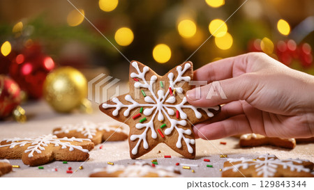 Christmas gingerbread cookie with white icing and sprinkles held by hand, festive background with lights and baubles 129843344