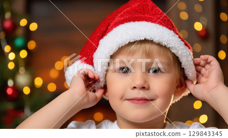 Christmas portrait of smiling young boy in Santa hat touching it with both hands, warm festive lights glowing in background 129843345