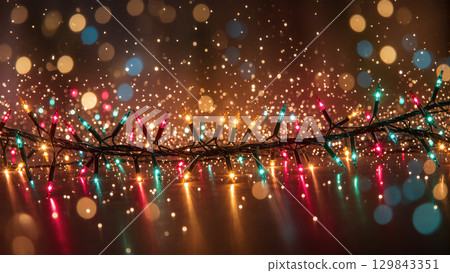 Christmas colorful string lights glowing on reflective surface with sparkling particles and festive bokeh background, warm holiday atmosphere 129843351