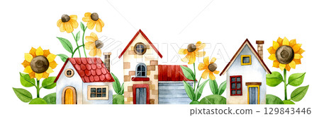 composition with cute autumn house and sunflowers, watercolor illustration. drawing for children cartoon. composition with cute autumn house and sunflowers, watercolor illustration. drawing for children cartoon. 129843446