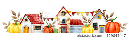 composition with cute autumn house and pumpkins, watercolor illustration. drawing for children cartoon. 129843447