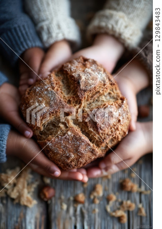 Warm, Freshly Baked Bread Delightfully Shared by Loving Hands in a Cozy Atmosphere 129843483