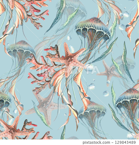 Seamless starfish jellyfish pattern in pastel blue and coral shades, floating underwater design, hand-painted watercolor illustration for textiles, wallpapers, packaging and summer decoration. 129843489