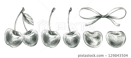 Collection of cherries, bows and halves in monochrome style, hand drawn line art illustration using grey graphite pencil, perfect for decorative kitchen design, packaging and branding. 129843504