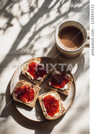 Enjoy delicious toast with jam and a warm coffee elegantly displayed on a rustic table Enjoy delicious toast with jam and a warm coffee elegantly displayed on a rustic table 129843531