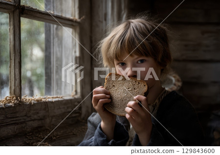 A Child Happily Enjoying Delicious Bread by the Window in a Rustic and Cozy Setting 129843600