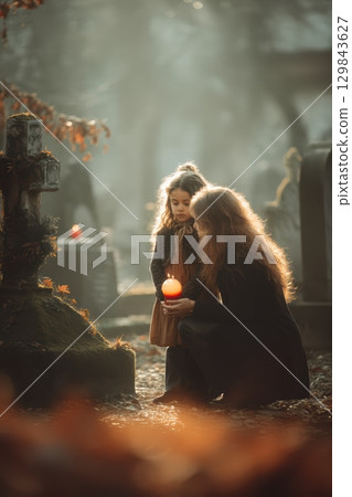 Tender Moments in Remembrance A Mother and Child Together in a Peaceful Cemetery 129843627