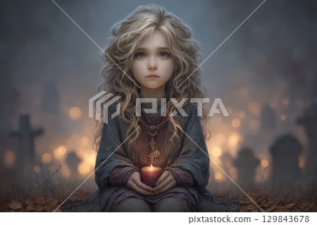An Ethereal Child standing in a Graveyard illuminated by a Glowing Light around them 129843678