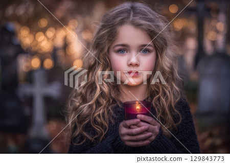 A Girl Holding a Candle While Standing in the Cemetery at Dusk, Embracing Its Atmosphere 129843773