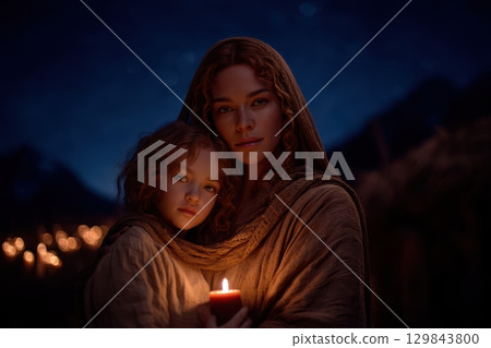 A beautiful scene of a Mother and Child in candlelight, under a tranquil Night Sky at dusk 129843800