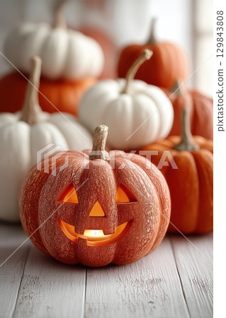 This charming Halloween pumpkin display brings a lovely cozy vibe, perfect for autumn 129843808