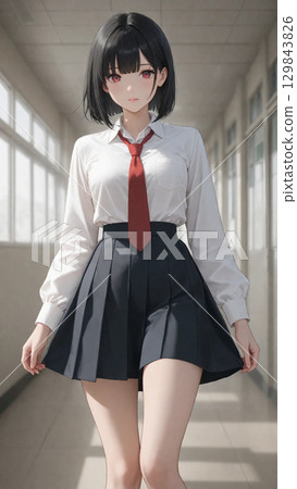 一名身穿制服的女學生走在走廊上 一名身穿制服的女學生走在走廊上 129843826