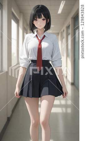 A female student in uniform walking down the hallway 129843828