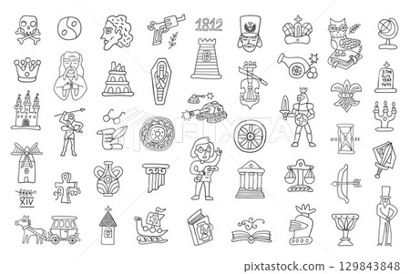 Symbols of history doodle set, hand drawn people characters, historical monuments, objects and signs isolated vector elements 129843848