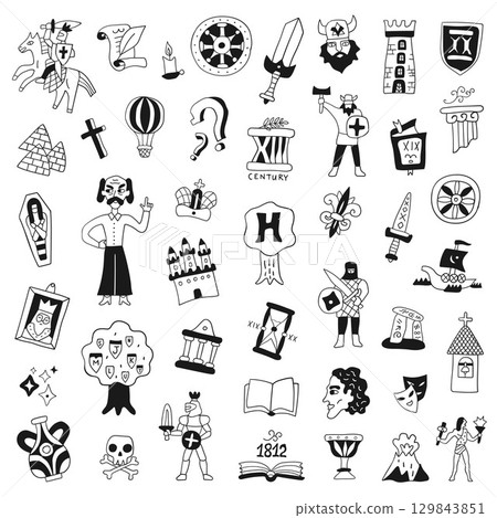 Symbols of history doodle set, hand drawn people characters, historical monuments, objects and signs isolated vector elements 129843851