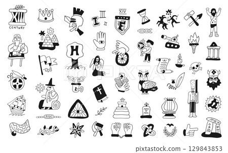 Symbols of history doodle set, hand drawn people characters, historical monuments, objects and signs isolated vector elements 129843853
