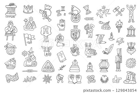 Symbols of history doodle set, hand drawn people characters, historical monuments, objects and signs isolated vector elements 129843854