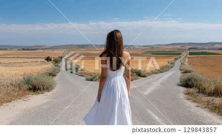 Young caucasian female in white dress facing forked road in countryside landscape. 129843857
