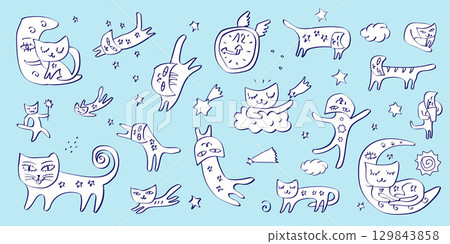 funny cats doodles , cute kittens playing with stars hand drawn illustration for kids 129843858