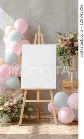 Blank canvas on easel with pastel balloons and floral arrangements. 129843859