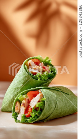 Fresh spinach wraps with grilled chicken and vegetables on beige background. 129843866