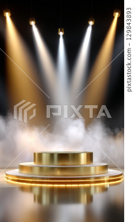 Elegant gold and silver stage with spotlights and dramatic fog ambience. 129843893