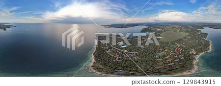 Aerial drone panorama view of Istrian peninsula Lanterna coastline, Croatia. Aerial drone panorama view of Istrian peninsula Lanterna coastline, Croatia. 129843915