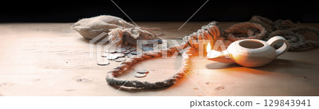 Coins on the table with rope for the gallows 129843941