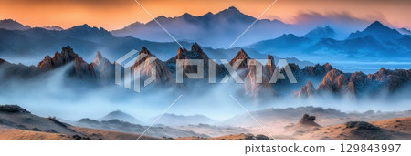 Majestic Mountain Peaks Sunrise Fog Misty Landscape Nature Scenery Breathtaking View Awesome 129843997