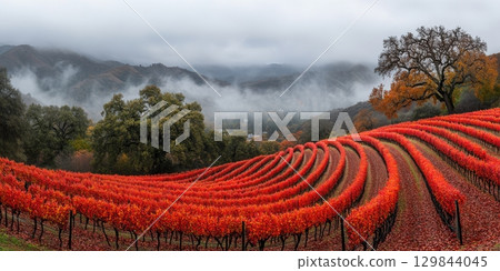 Autumn Vineyard Landscape Red Vines Foggy Hills Scenic View oak sky wine fall calm mist rows farm 129844045