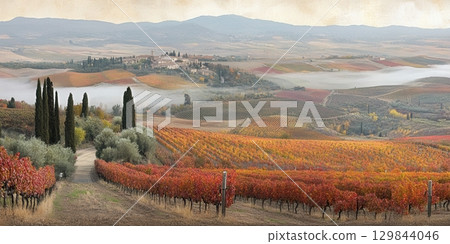 Autumnal Tuscan Vineyard Landscape Rolling Hills Village Fog red sky sun view fall wine mist calm 129844046