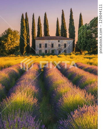 Tuscan Farmhouse Lavender Field Sunrise Summer Landscape Photography calm home italy rural trees 129844111