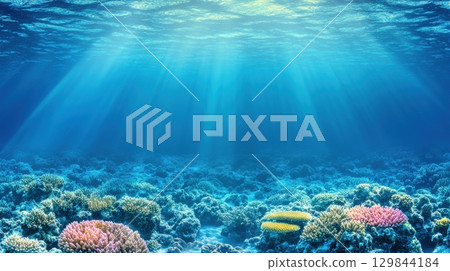 Stunning Underwater Coral Reef Scene Vibrant Ocean Life Blue Water Sunlight Sea Deep Calm Image 129844184