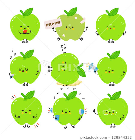 Charming cartoon green apples in a playful collection, expressing various emotions and actions. 129844332