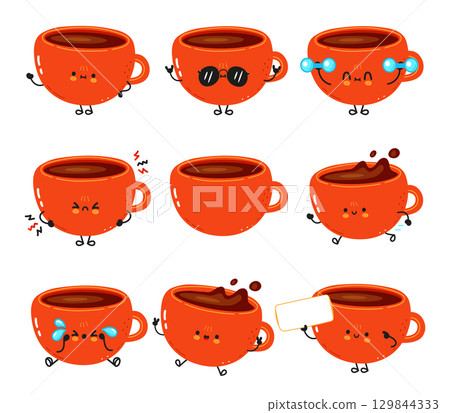 Charming cartoon coffee cups expressing various emotions, with splashing coffee and holding blank sign. 129844333