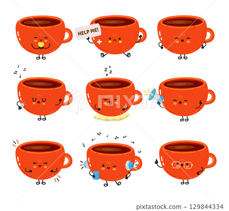 A charming cartoon illustration featuring a variety of expressive coffee cups, each with its unique personality. A charming cartoon illustration featuring a variety of expressive coffee cups, each with its unique personality. 129844334