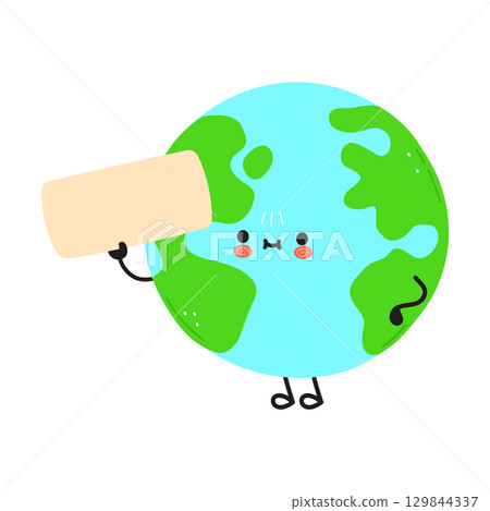 The cute Earth character is holding a blank sign, ready for your message or logo. 129844337