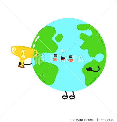 The earth character celebrates a win, holding a gold trophy, expressing happiness and joy. 129844340