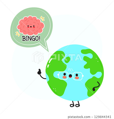 The cartoon earth is delighted as it thinks of a clever idea, and says bingo 129844341