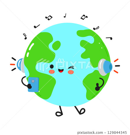 Cartoon earth character happily listening to music on headphones and using a phone 129844345