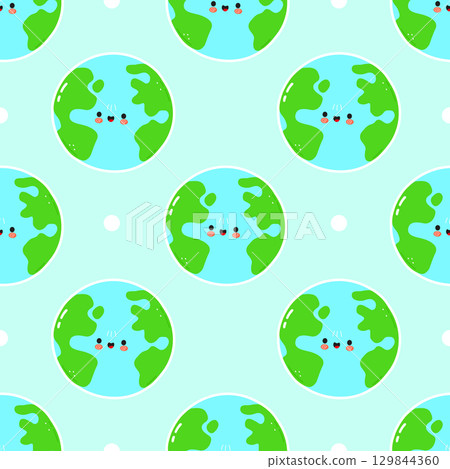 Adorable seamless pattern design with cute smiling cartoon Earths on a blue background. Adorable seamless pattern design with cute smiling cartoon Earths on a blue background. 129844360