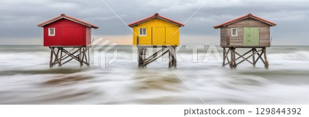 Three Colorful Beach Houses on Stilts Ocean Waves Red Sky Calm Green Water Image Photo Coast Moody 129844392