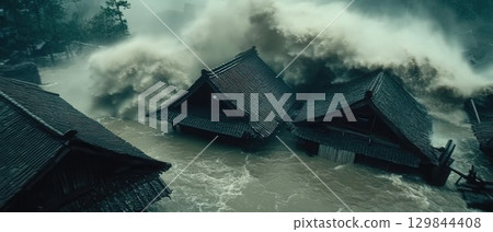 Powerful Wave Crashing Houses Dramatic Flood Scene Asian Architecture Disaster risk ruin loss view 129844408