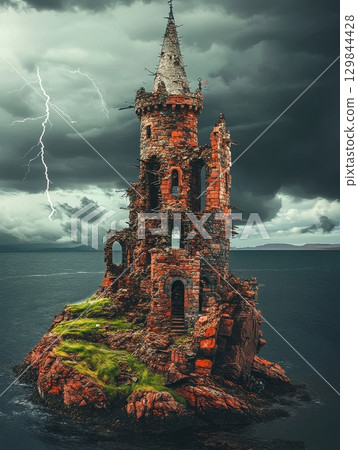 Ruined Coastal Tower Dramatic Seascape Lightning Storm Ancient Architecture sky red art old rock 129844428