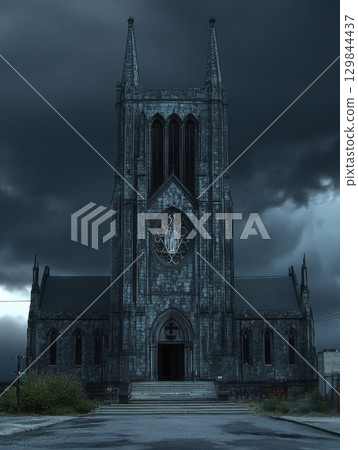 Dark Gothic Church Architecture Dramatic Stormy Sky Grey Stone Building old night eerie doors steps 129844437